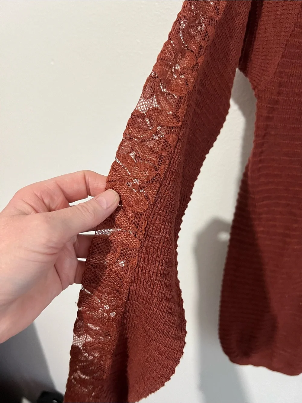 Free People Split - Back Boat Neck Rust /Terracotta Lace-Trim Sweater